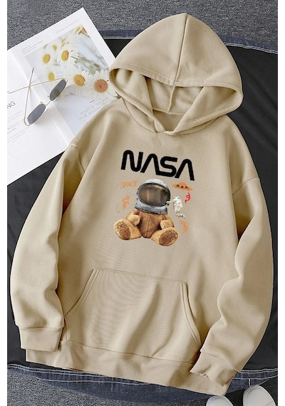 Uyguntarz Unisex Nasa Bear Baskılı Sweatshirt Bej