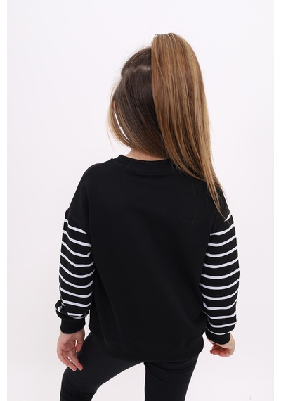 Kız Çocuk Relax Fit Bisiklet Yaka Cepli Baskılı Sweatshirt - Kolu Çizgili & 2 İplik Siyah