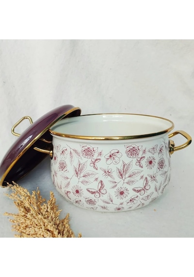 22 Cm Lila Vintage Çiçek Emaye Tencere 3,75 Litre Süt Yoğurt Güveç Tenceresi Lila