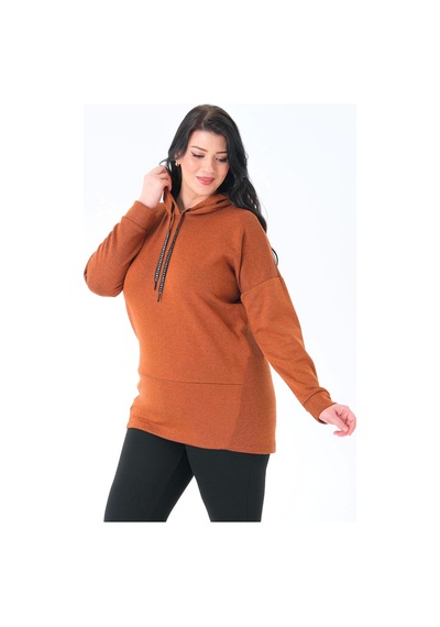 Lady Majestic Büyük Beden Kapüşonlu Sweatshirt Taba