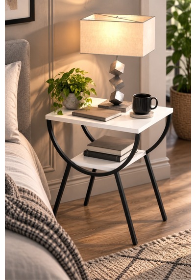 Sulorahome Metal Ayaklı Çift Raflı Beyaz Yan Sehpa Ve Komodin Beyaz - Siyah