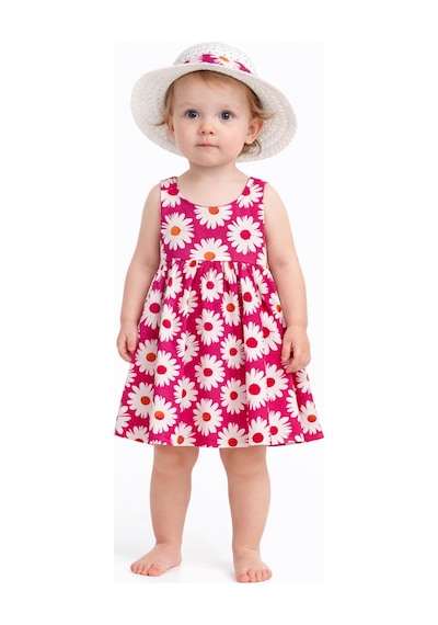 Chicsy Baby Tatlı Kız Bebek Papatya Desenli Tarz Elbise Şapkalı Yazlık Kombin Fuşya