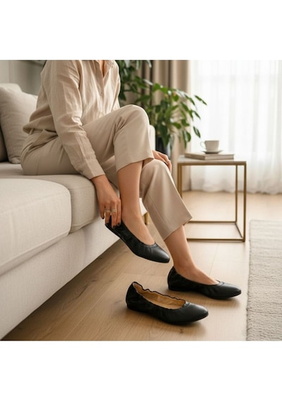 Ne&ve Shoes Siyah Hakiki Deri Ağzı Büzgü Lastikli Kadın Rahat Babet