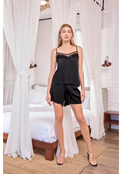 Aria's Closet Aesco Dantelli Tüllü Ve Dekolteli Saten Şort Takımı Siyah