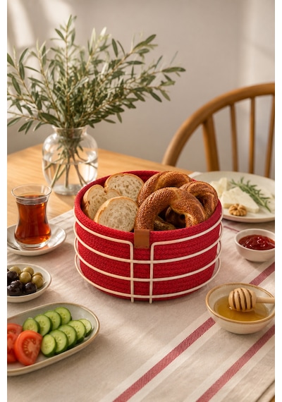 Bej Yuvarlak Ekmek Sepeti, Ekmeklik Sunum Sepeti, Kırmızı Makrome Çok Amaçlı Paslanmaz Metal