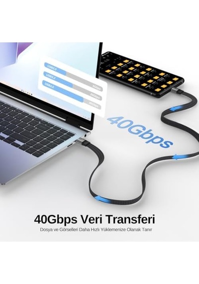 Usb 4.0 40gbps Flat Usb C Veri Kablosu, 240w Usb C Şarj Kablosu, 8k 60hz 4k 240hz 2k 360hz Thunderbolt 4 Görüntü Kablosu, Macbook, Monitör, Docking İstasyonu, İphone İle Uyumlu - 1.2 Metre