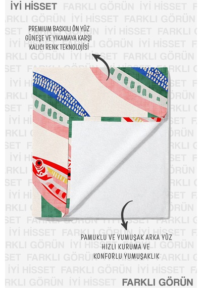 Balık Figürlü Denizci Desenli Plaj Havlusu - Akdeniz Marine Stil Hızlı Kuruyan Mikrofiber Havlu Çok Renkli