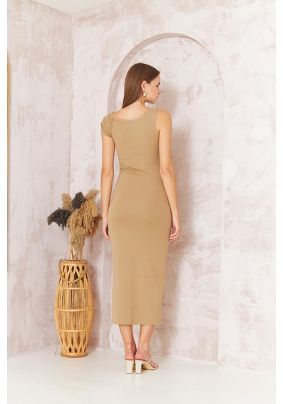Darlin Moda Kadın Kısa Kollu Tek Omuz Kaşkorse Bej Elbise Dm1051 Bej