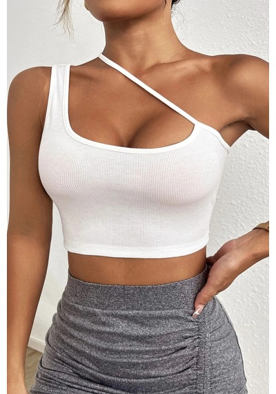 Moda Dua Kadın Beyaz Tek Omuzlu Çapraz Askılı Crop Top Büstiyer