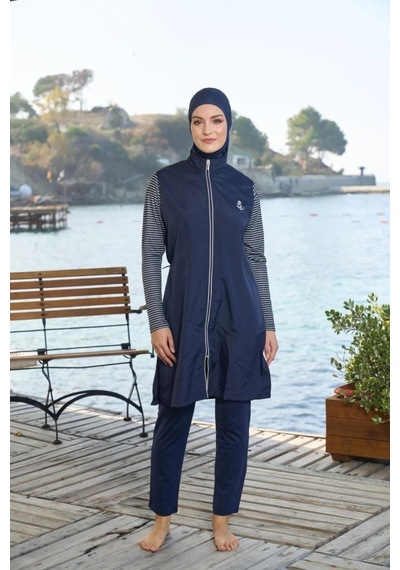 Estiva 25950 Lacivert Marin Fermuarlı Desenli Tam Boy Tesettür Mayo Lacivert