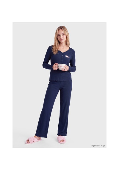 Lcw Young Lacivert V Yaka Nakışlı Kadın Pijama Takım