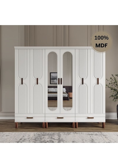 Zen 6 Kapak Ayaklı Tasarım Country Mdf Gardırop Beyaz