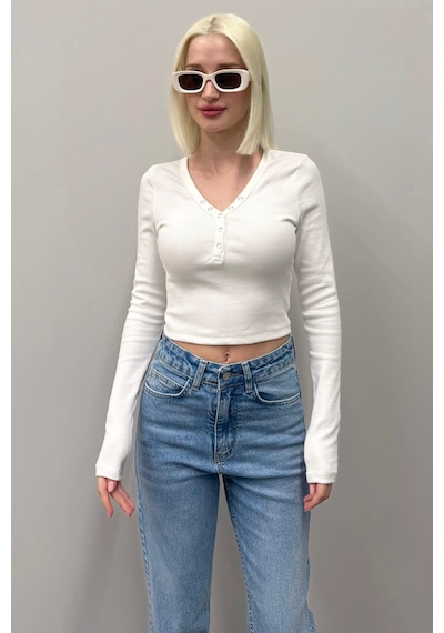 Madmext Beyaz V Yaka Uzun Kollu Düğme Detaylı Kaşkorse Bodysuit Mg2194 Beyaz