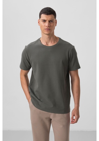 Tommylife Haki Yüzeyi Dokulu Rahat Form Basic Erkek T-shirt - 88436 Haki
