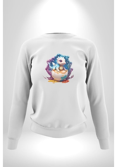Sevimli Bebek Ejderha Elmas Yumurta Unisex Beyaz Baskılı Sweatshirt Beyaz