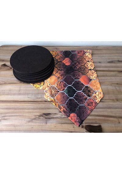 Kahve Rengi Moroccan Desenli Runner & Supla Siyah