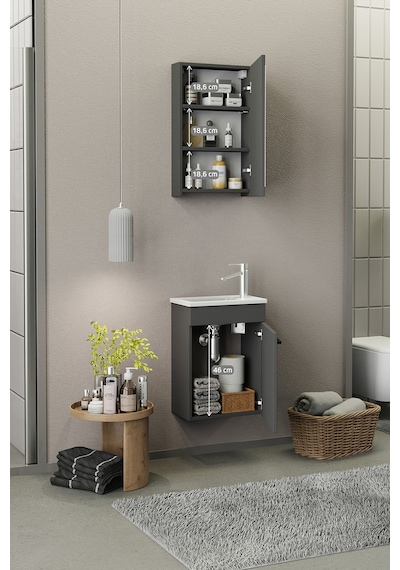 Biani Fix Loft Mini 42 Cm Banyo Dolabı,Seramik Lavabolu, Aynalı,Lavabo Dahil,Mdf,Mat Gri Biani Fix Loft Mini 42 Cm Banyo Dolabı,Seramik Lavabolu, Aynalı,Lavabo Dahil,Mdf,Mat Gri