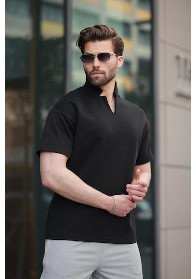 Madmext Siyah Polo Yaka Erkek Basic T-shirt E7145 Siyah