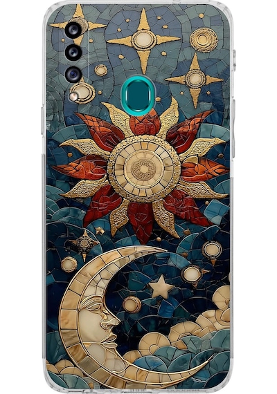 Printify Samsung Galaxy A20s İle Uyumlu Vitray Sol Ve Luna Tasarımlı Şeffaf Silikon Kılıf Şeffaf