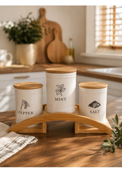 Bambu Standlı 3 Lü Baharatlık Seti Salt, Pepper & Mint Beyaz