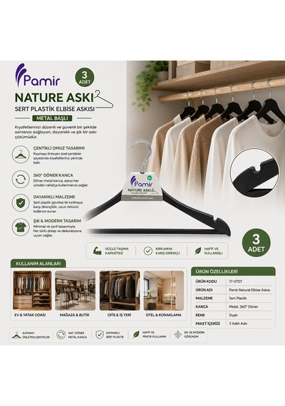 Pamir Pmr-128 Natural Elbise Askısı 3 Adet Metal Başlı Sert Plastik Diğer
