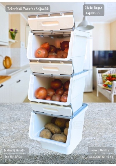 3'lü Tekerlekli Patateslik Soğanlık Bpa Free Oyuncaklık Erzak Kutusu Sebzelik Gri 36 Lt Gri Beyaz