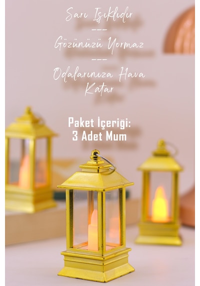 3 Adet Led Mum Mini Dörtgen Tip Pil Dahil Dumansız Alev Ledli Yapay Dekoratif Mum Işığı Altın Pt434 Altın