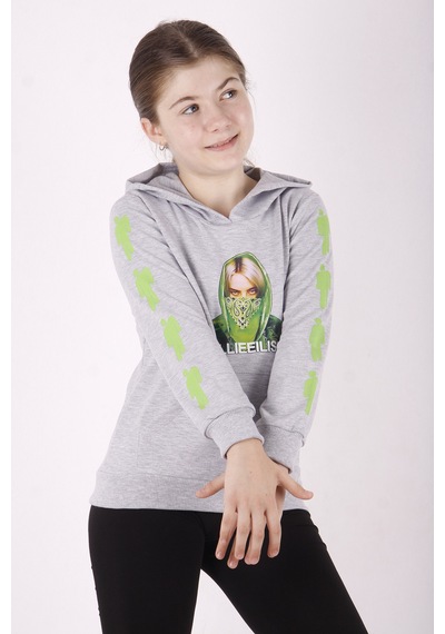 Toontoy Kız Çocuk Billie Eilish Baskılı Sweatshirt Gri Melanj