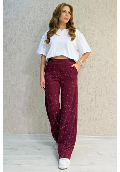Fiolin Soft Touch Modal Kumaş Taş İşlemeli Pantolon Bordo
