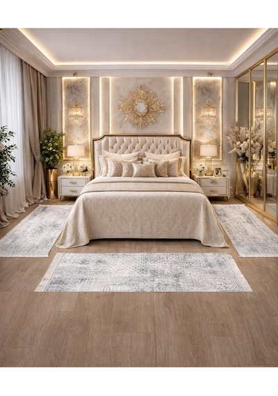 3 Parça Premium Lüks Yatak Odası Yolluk Seti 2 Adet 80x150 Cm 1 Adet 80x300 Cm Gri