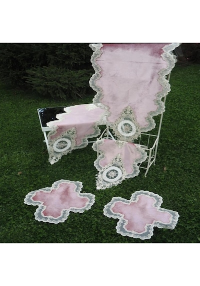 Mahidevran Aplikeli Güpürlü Kadife Pudra Salon Takımı 5 Parça 40x110 Cm 578 Pudra