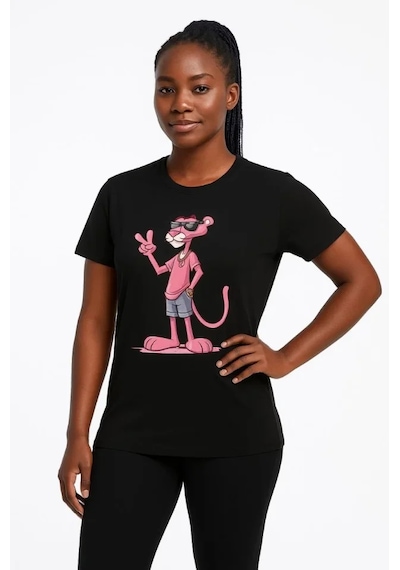 Bisiklet Yaka Kısa Kollu Baskılı T-shirt - Siyah Siyah