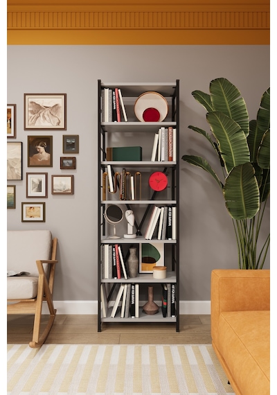 Asra Trend 6 Raflı Metal Kitaplık METALK01 %100 MDF Tek Modül Modern Kütüphane Kül Gri