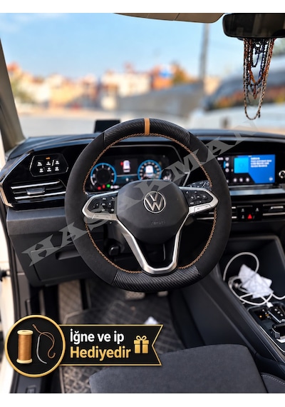 Vw Passat B9 Dikme Direksiyon Kılıfı Alcantara Süet Mat Karbon Taba Yüzük Ve Dikiş 2024-2026 Siyah