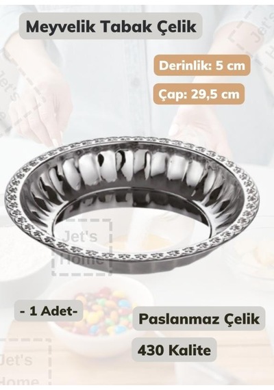 Çelik Meyvelik Tabak 29,5 Cm Paslanmaz Çelik Tabak Metalik Gri