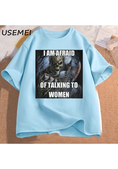 Flood Of Style Ben Kadın T-shirt Erkek Pamuk Kısa Kollu Tees İle Konuşmaktan Korkuyorum Komik Sert İskelet M Mavi