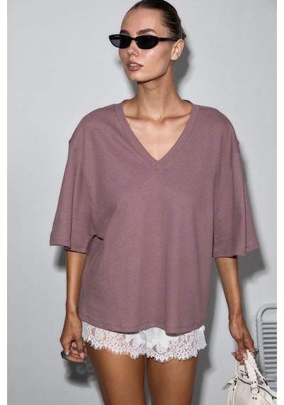 Grımelange Sylora Kadın Organik Pamuklu Keten Karışımlı V Yakalı Rahat Kalıp Mürdüm T-shirt Grımelange Sylora Kadın Organik Pamuklu Keten Karışımlı V Yakalı Rahat Kalıp Mürdüm T-shirt