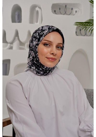 Afvente Çiçek Desen Gri Soft Pamuk Eşarp
