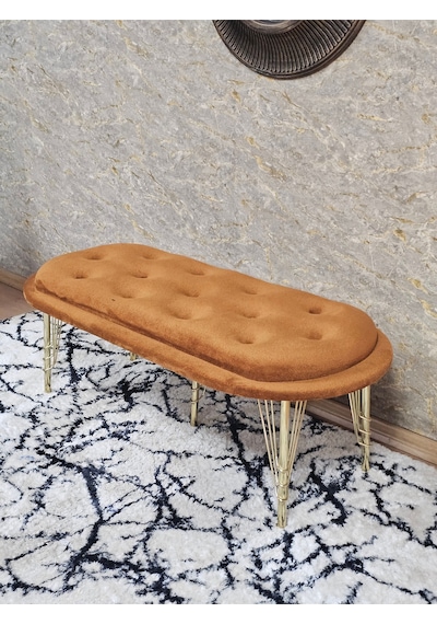 Zafir Ufo Oturak Bench - Gold Kaplama Telli Ayak - Oturak - Bench - Puf - Yatak Ucu Pufu Turuncu