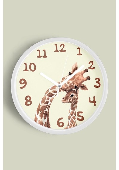 Sevimli Zürafa Temalı Çocuk Odası Modern Duvar Saati - 30cm - Önü Camlı Beyaz Kasa-jh0026 Beyaz