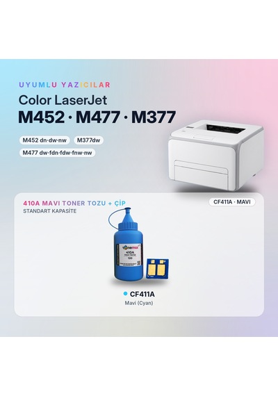 Hp 410a Cf411a Toner Tozu + Çip Mavi 120gr / Color Laserjet Pro M452 / M477 / M377