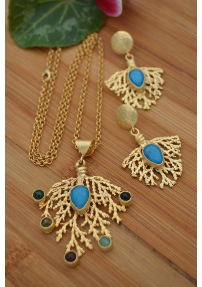 Stoneagejewellery Stoneage Altın Kaplama Bayan Kolye Turkuaz Ve Yeşim Taşlı Altın