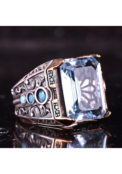 Kambo El Yapımı 925 Ayar Gümüş Mavi Topaz Taşlı Erkek Yüzük - 13 Gr
