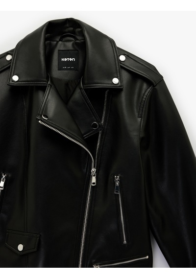 Koton Uzun Kollu Fermuarlı Oversize Biker Suni Deri Ceket Siyah 6sak20014ew
