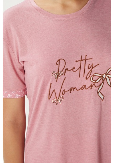 Ritnice Kadın Pretty Woman Viskon Bisiklet Yaka Kısa Kol Pembe Alt Üst Pijama Takımı Pembe