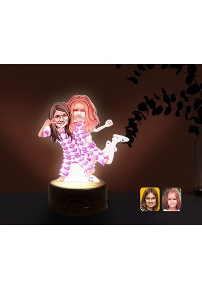 Kişiye Özel Kız Kardeşler Karikatürlü Dekoratif 3D Biblo Led Işık (483006704)
