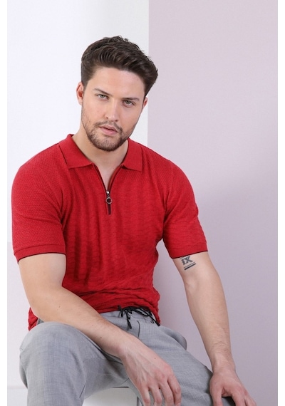 Ferraro Kırmızı Polo Yaka Fermuarlı Erkek Pamuk Triko T-Shirt-Kırmızı