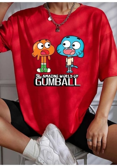 Kozia Outdoors Çizgi Film Karakterleri Baskılı Oversize Basic O Yaka Unisex T-shirt Kirmizi