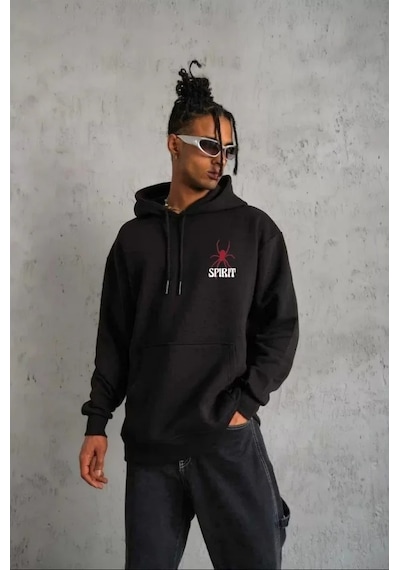 Modi Green Baskılı Erkek Günlük Stil Siyah Urban Streetwear Yazı Kapüşonlu S 2XL
