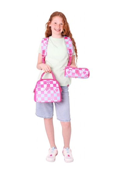 Kaukko Nature Üçlü Kız Çocuk Okul Çanta Seti - Pembe - Dama Ve Kalp Desenli Pembe - Mavi